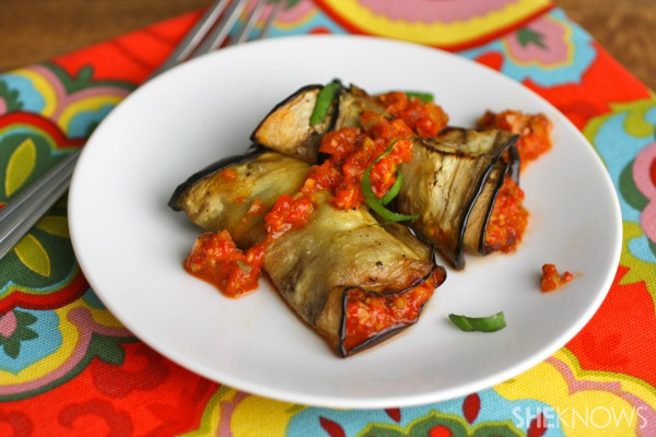 Vegan grilled eggplant rolls with roasted red pepper tapenade