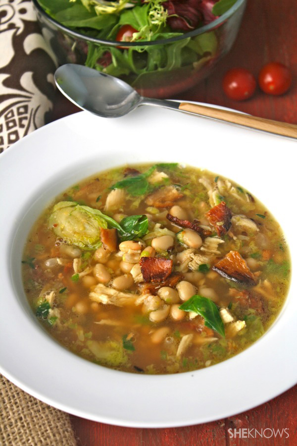 Gluten-free chicken soup with bacon, Brussels sprouts & beans