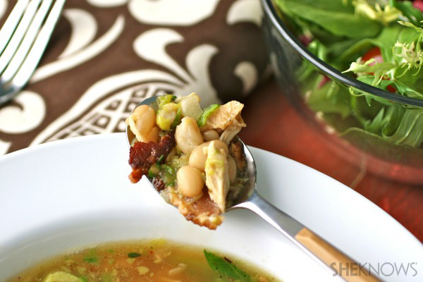 Gluten-free chicken soup with bacon, Brussels sprouts & beans