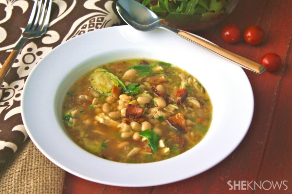 Gluten-free chicken soup with bacon, Brussels sprouts & beans