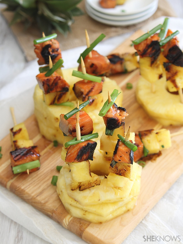 Honey soy glazed salmon and pineapple skewers
