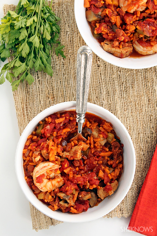 Spicy Chorizo Jambalaya with Sweet Potato Rice