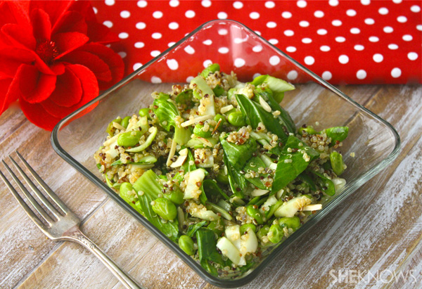 Bok choy and quinoa salad with edamame and spicy soy-ginger dressing