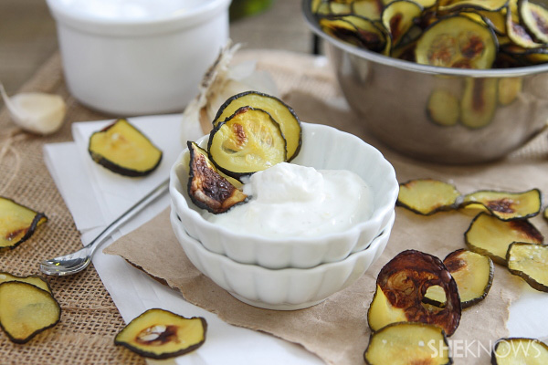 Salt & vinegar zucchini chips with garlic yogurt dip