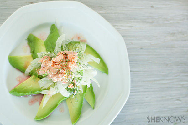 Avocado fennel and salmon salad in a blood orange vinaigrette