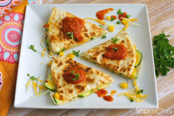 Zucchini & corn quesadillas with spicy homemade salsa