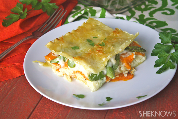 Creamy sweet potato & asparagus lasagna
