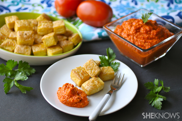 Baked tofu with smoky romesco sauce