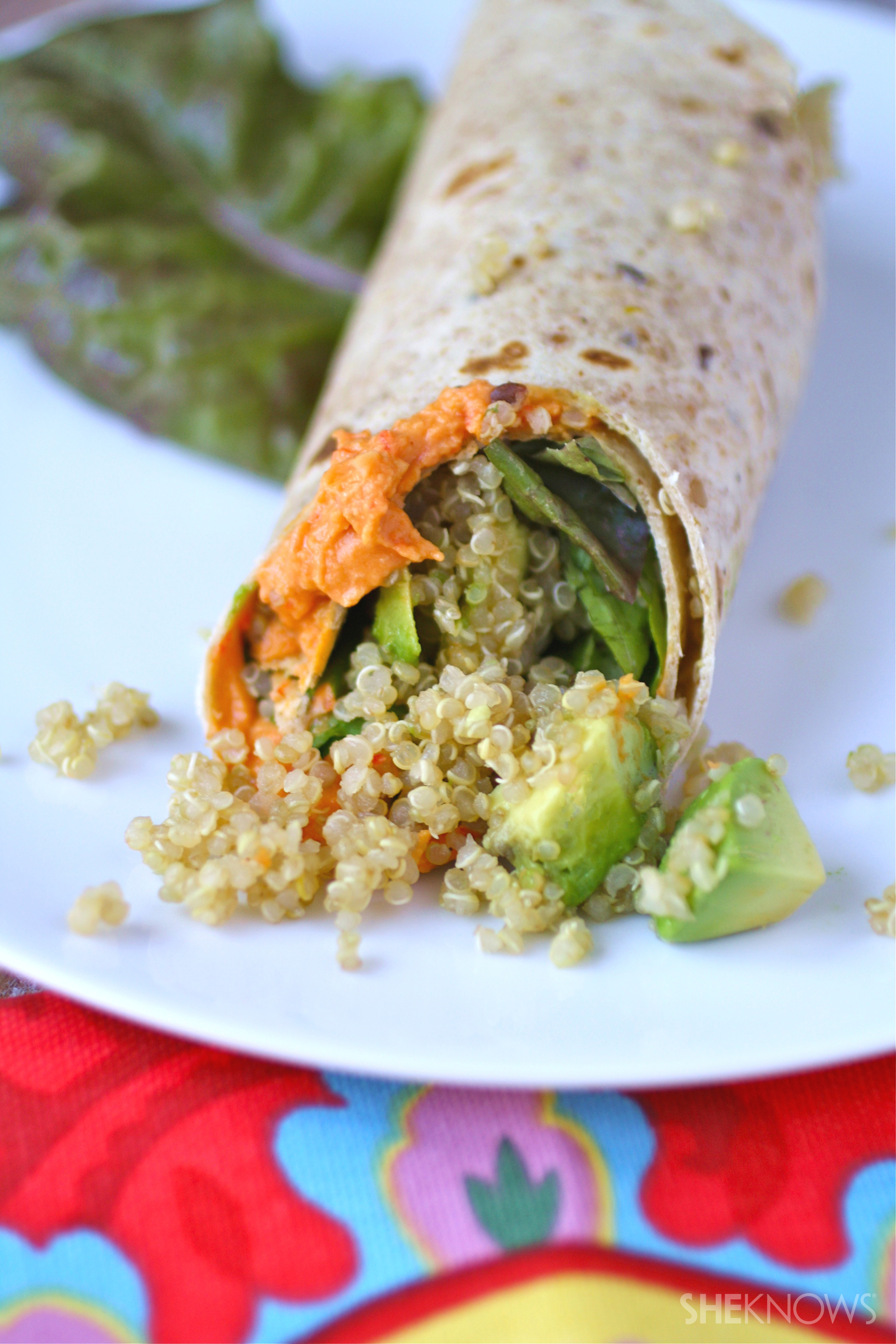 Quinoa, avocado, and roasted red pepper hummus wraps