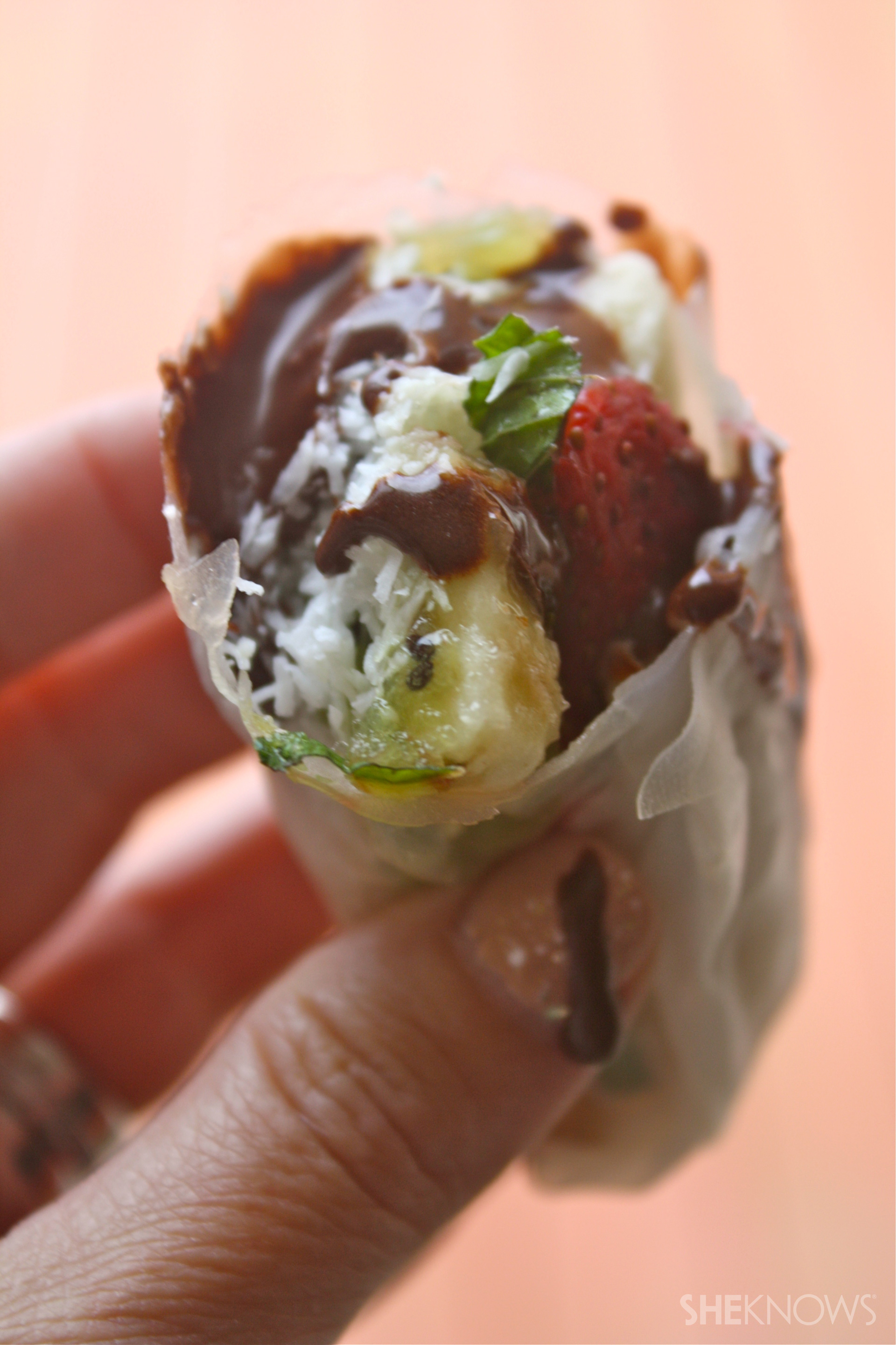 Vegan strawberry, banana & almond spring rolls with chocolate sauce