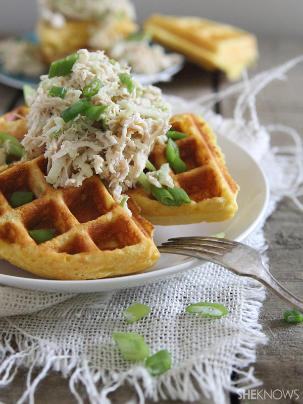 Southern comfort cornbread waffles with shredded chicken apple slaw
