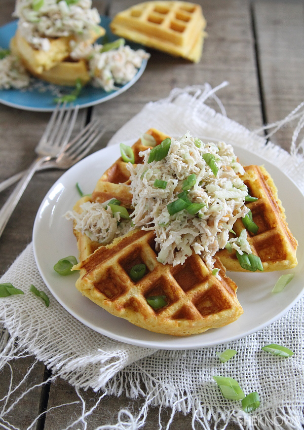 Southern comfort cornbread waffles with shredded chicken apple slaw