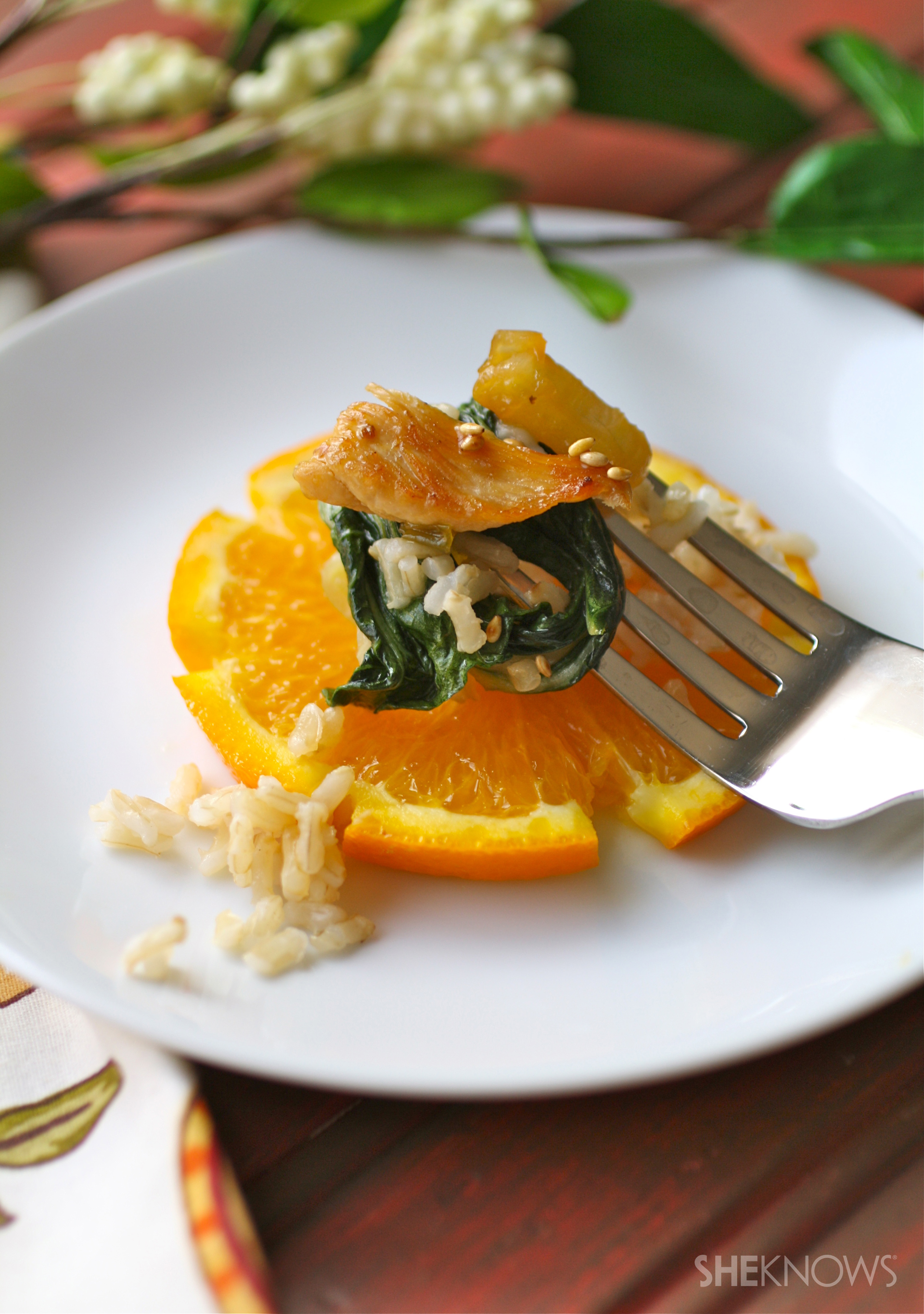 Orange-glazed chicken with bok choy