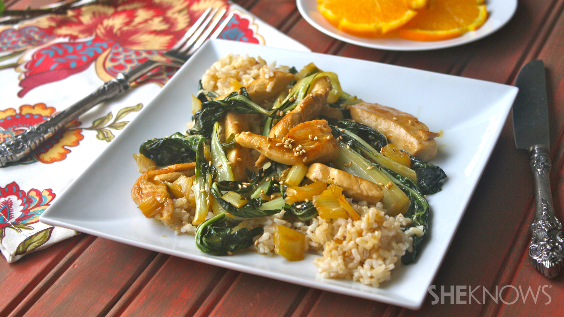 Orange-glazed chicken with bok choy