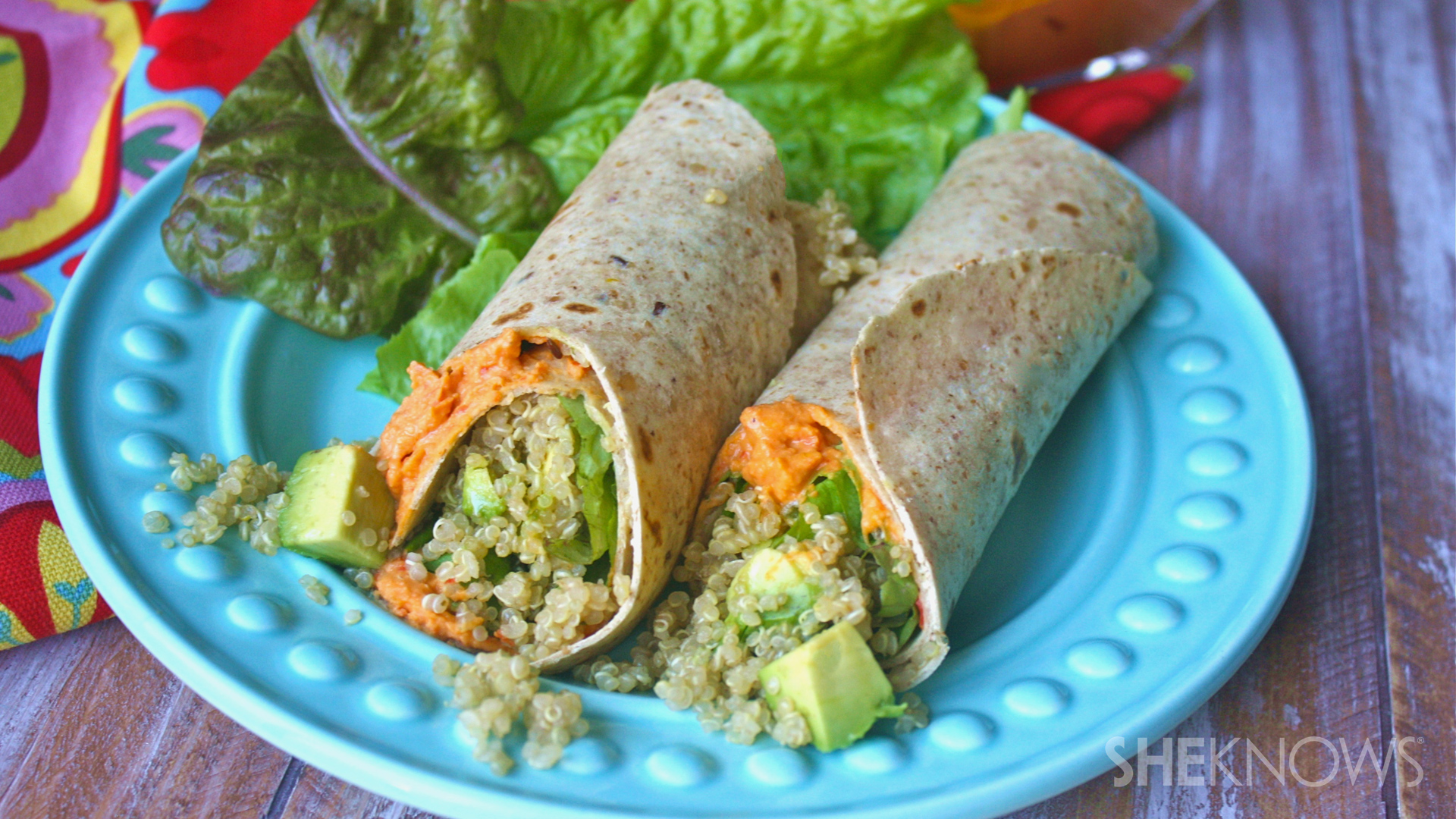 Quinoa, avocado, and roasted red pepper hummus wraps