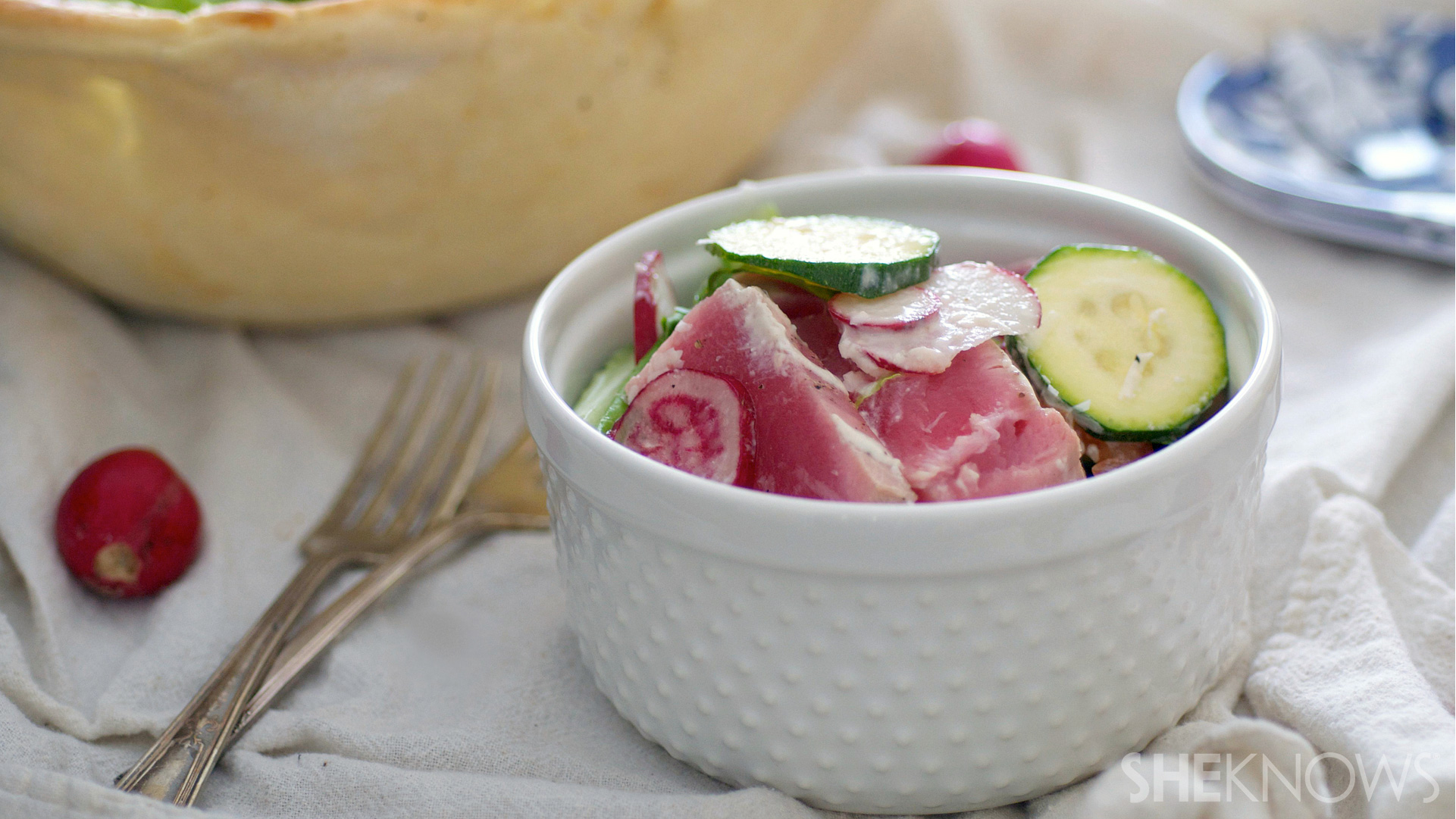 Ahi tuna cesear salad in a crispy bread bowl