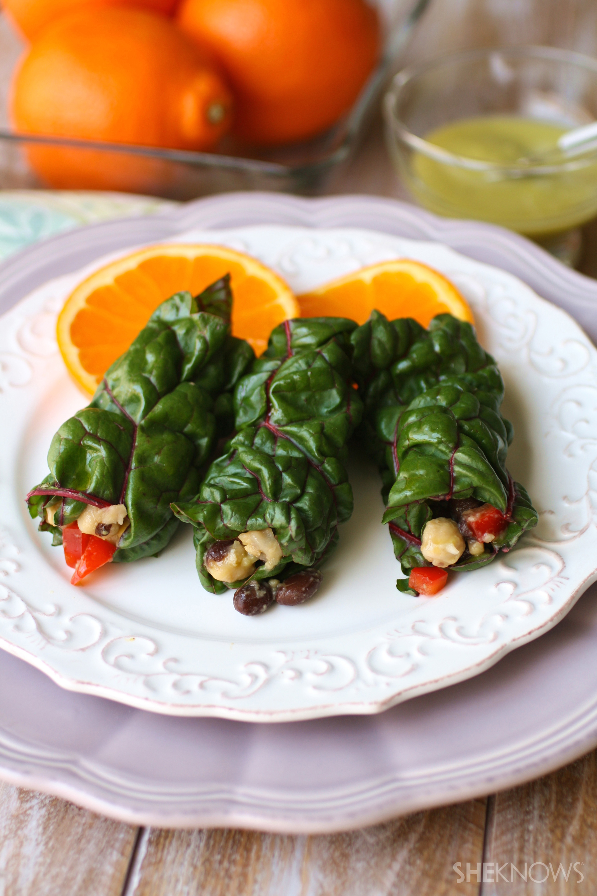 Vegan Swiss chard bean burritos with avocado dressing