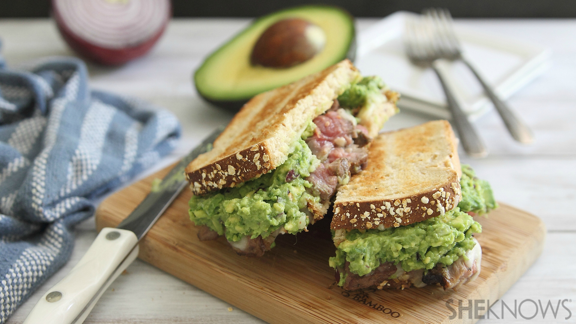 Cheesy steak & guacamole sandwich