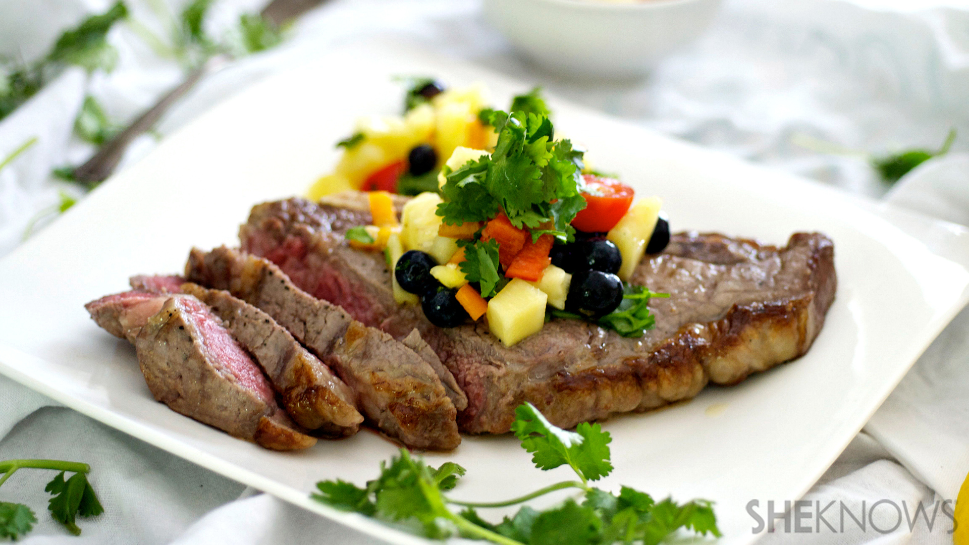 Sizzling steak with pineapple rum salsa