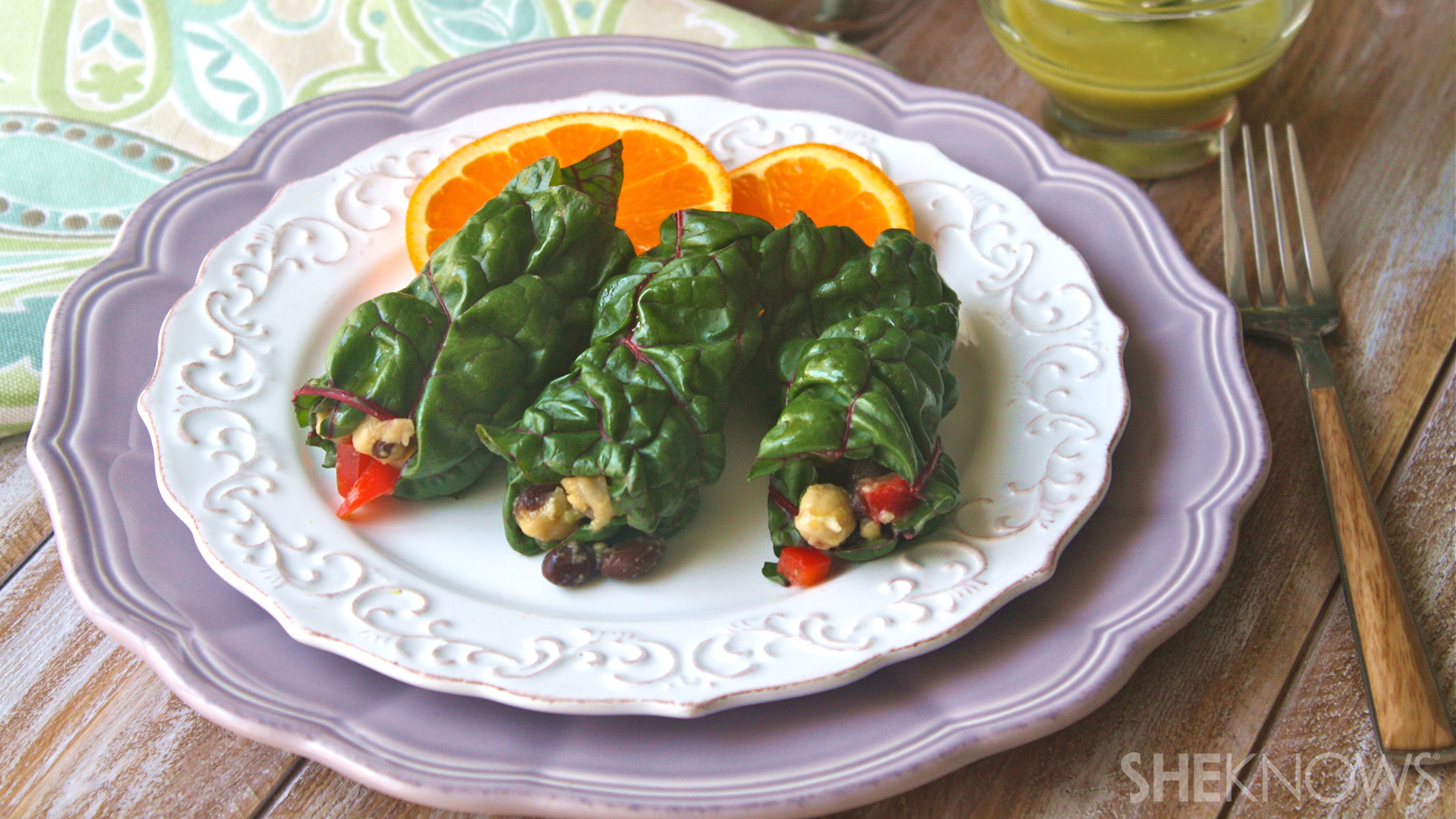 Vegan Swiss chard bean burritos with avocado dressing