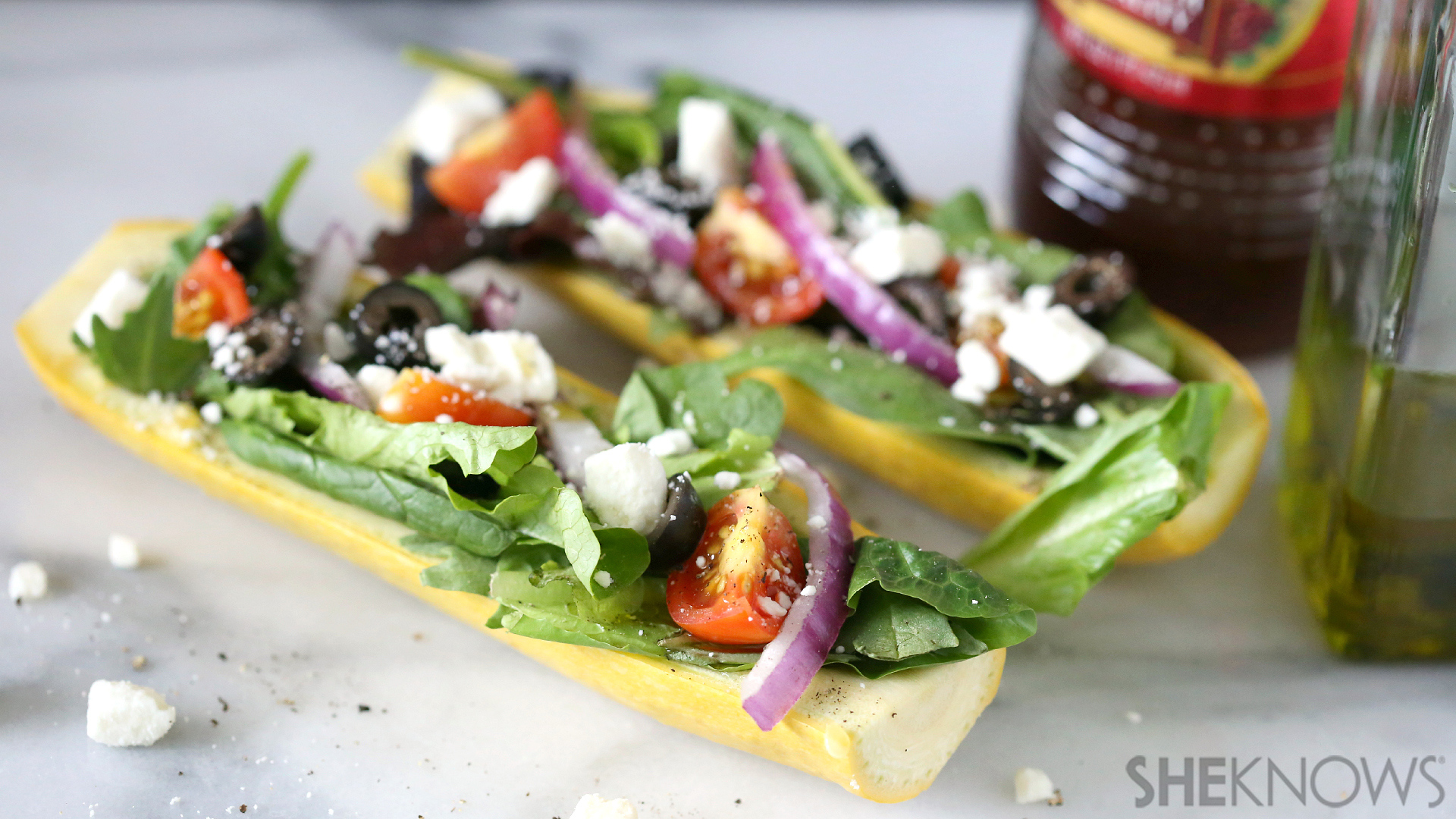 Squash stuffed with Greek feta salad