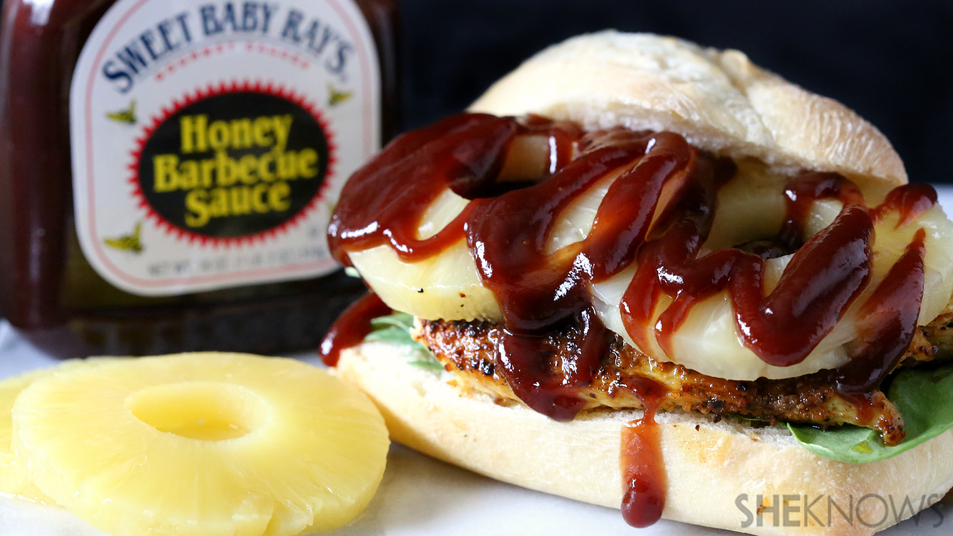 Spicy chicken burgers topped with grilled pineapple