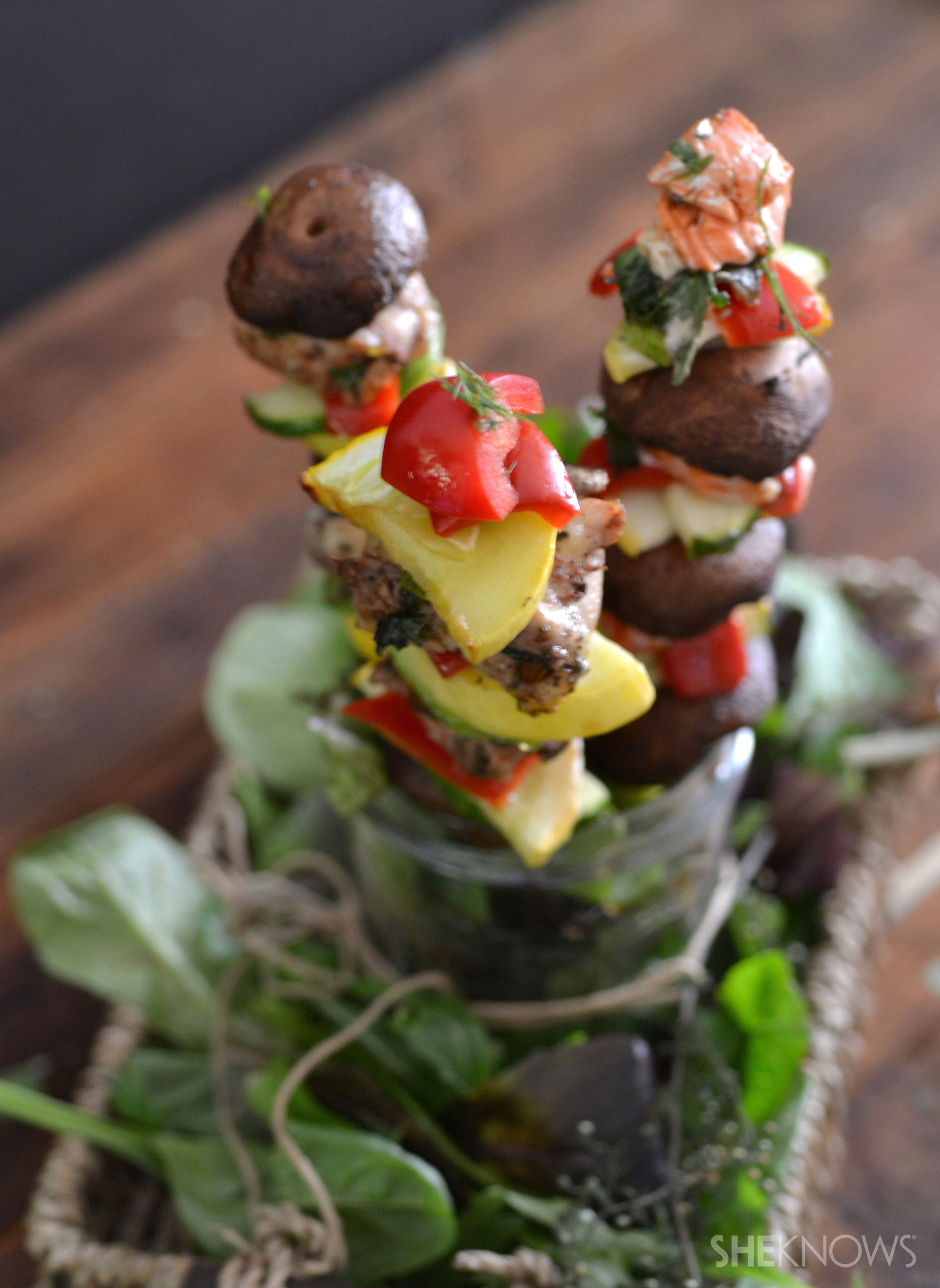 Spicy chicken and salmon kabob bouquet
