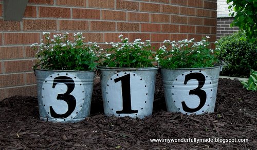 DIY House numbers- Re-purposed old buckets