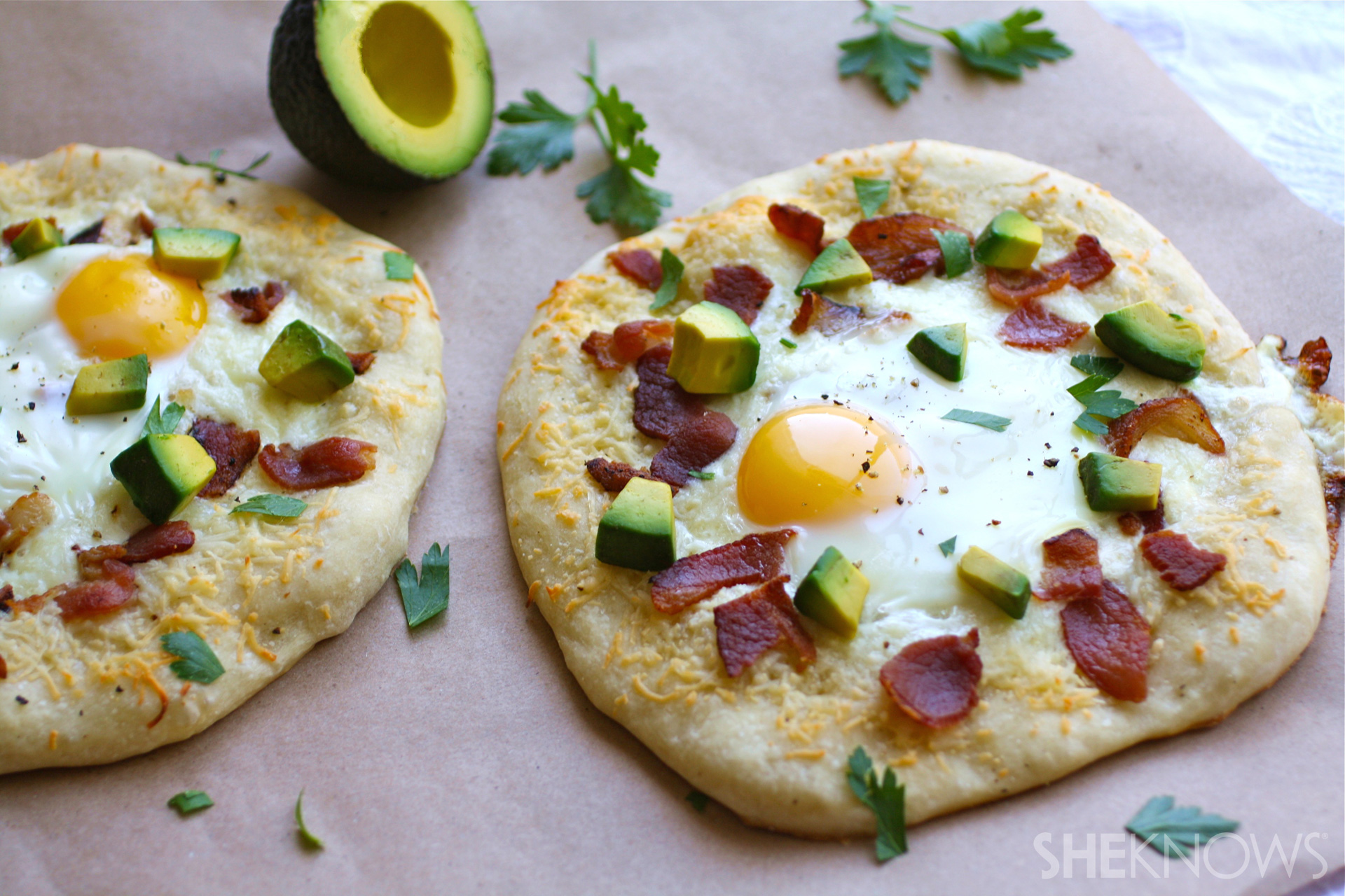 Bacon, egg, and avocado pizza