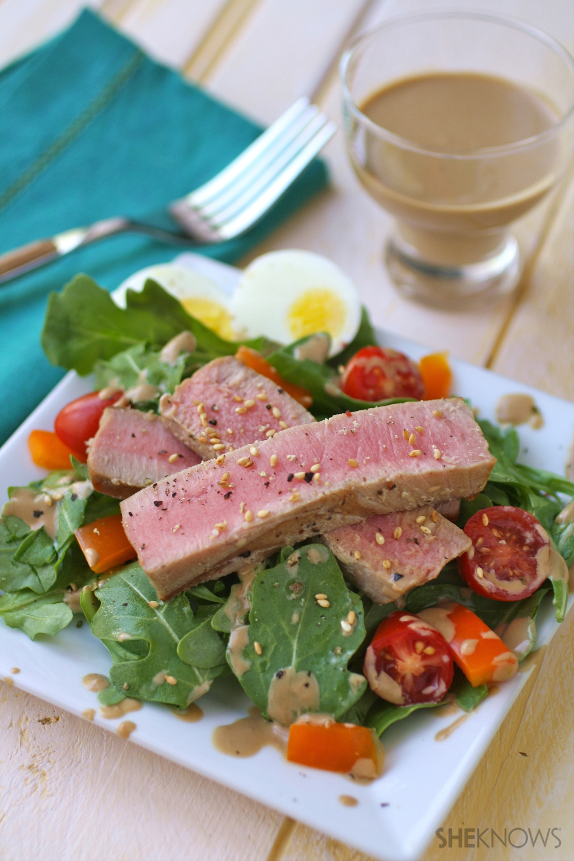 Gluten-free grilled tuna salad with creamy sesame-garlic dressing recipe