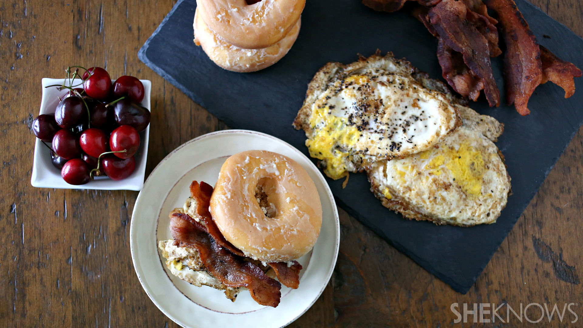 Totally loaded breakfast glazed donut sandwich
