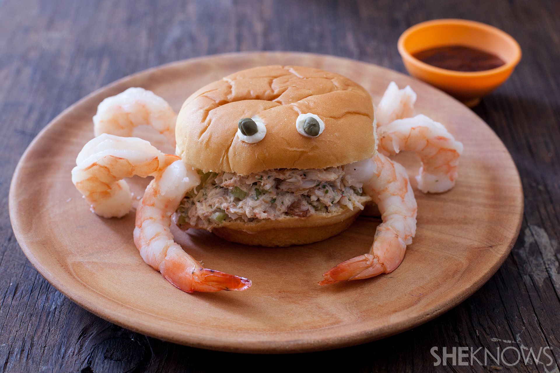Crabby Sandwich with shrimp and kid friendly cocktail sauce