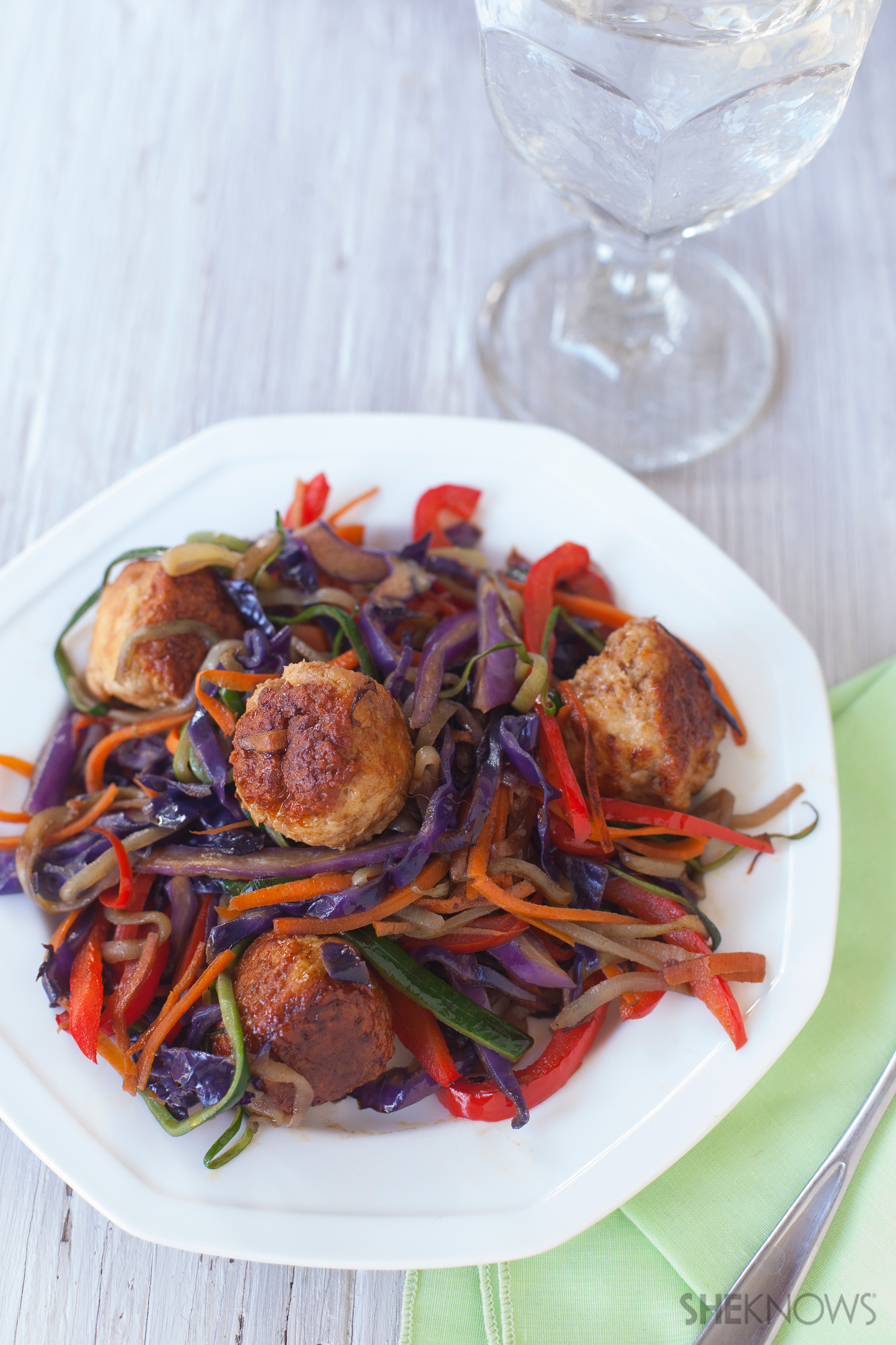 Chinese meatballs with rainbow stir fry