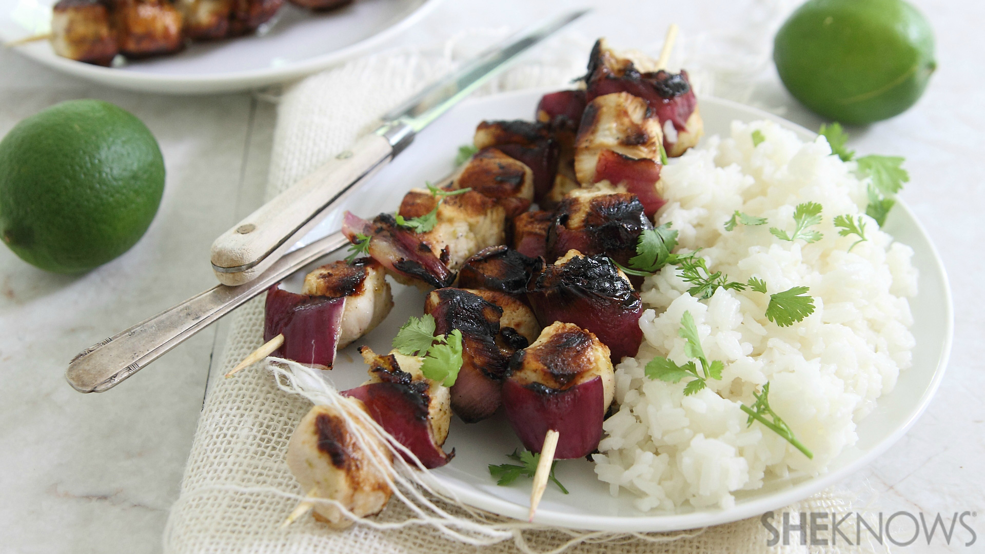 Honey lime chicken skewers with coconut rice