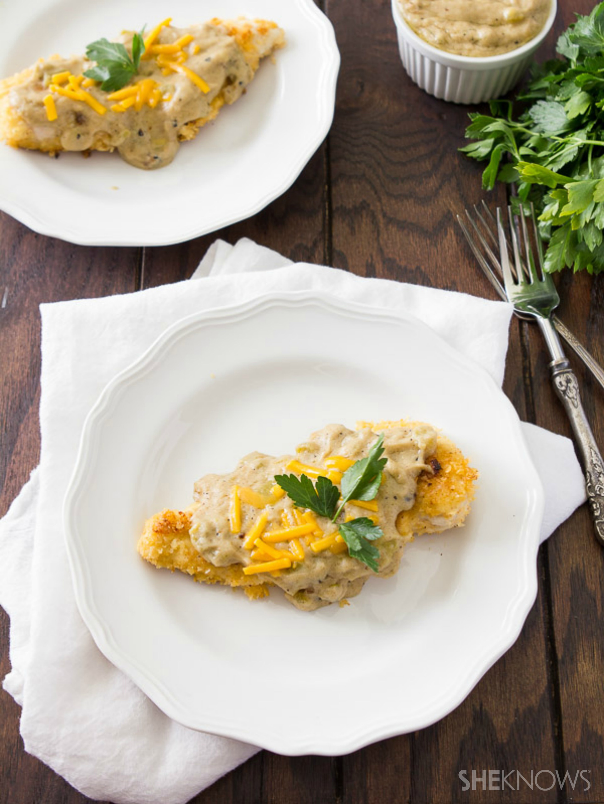 Tortilla crusted chicken with green chile gravy
