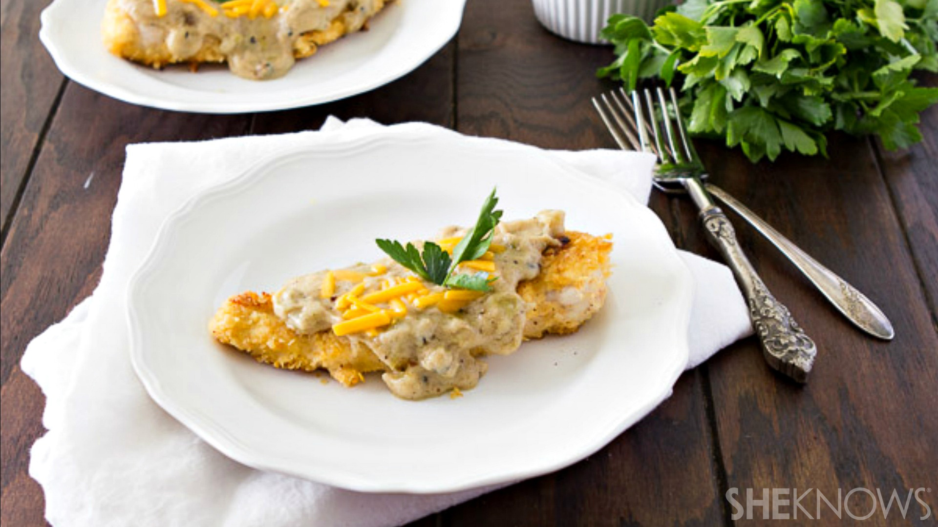 Tortilla crusted chicken with green chile gravy