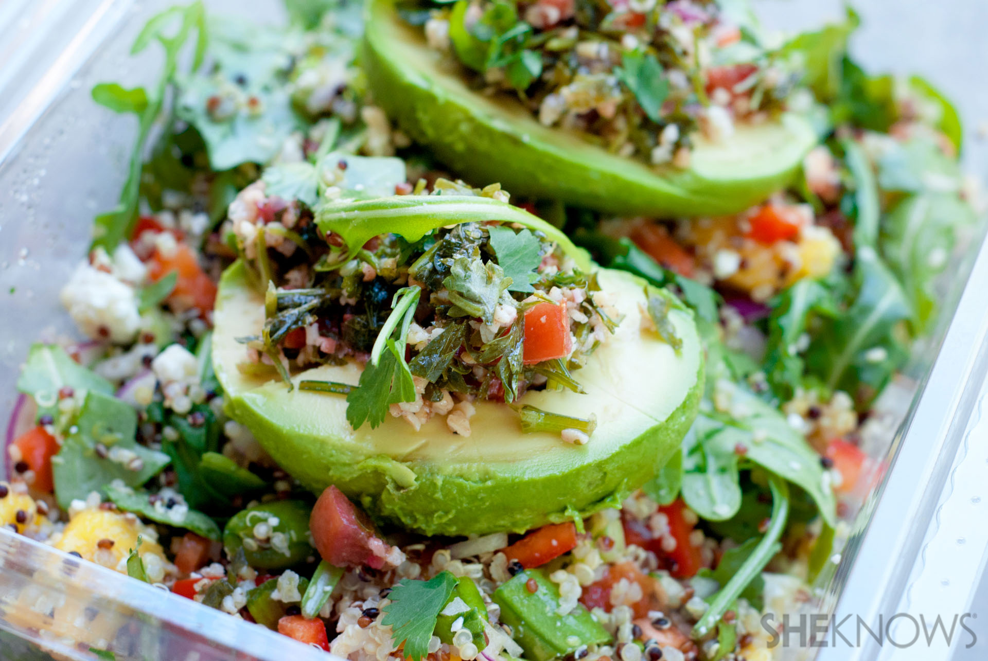 Tabbouleh salad stuffed avocado halves