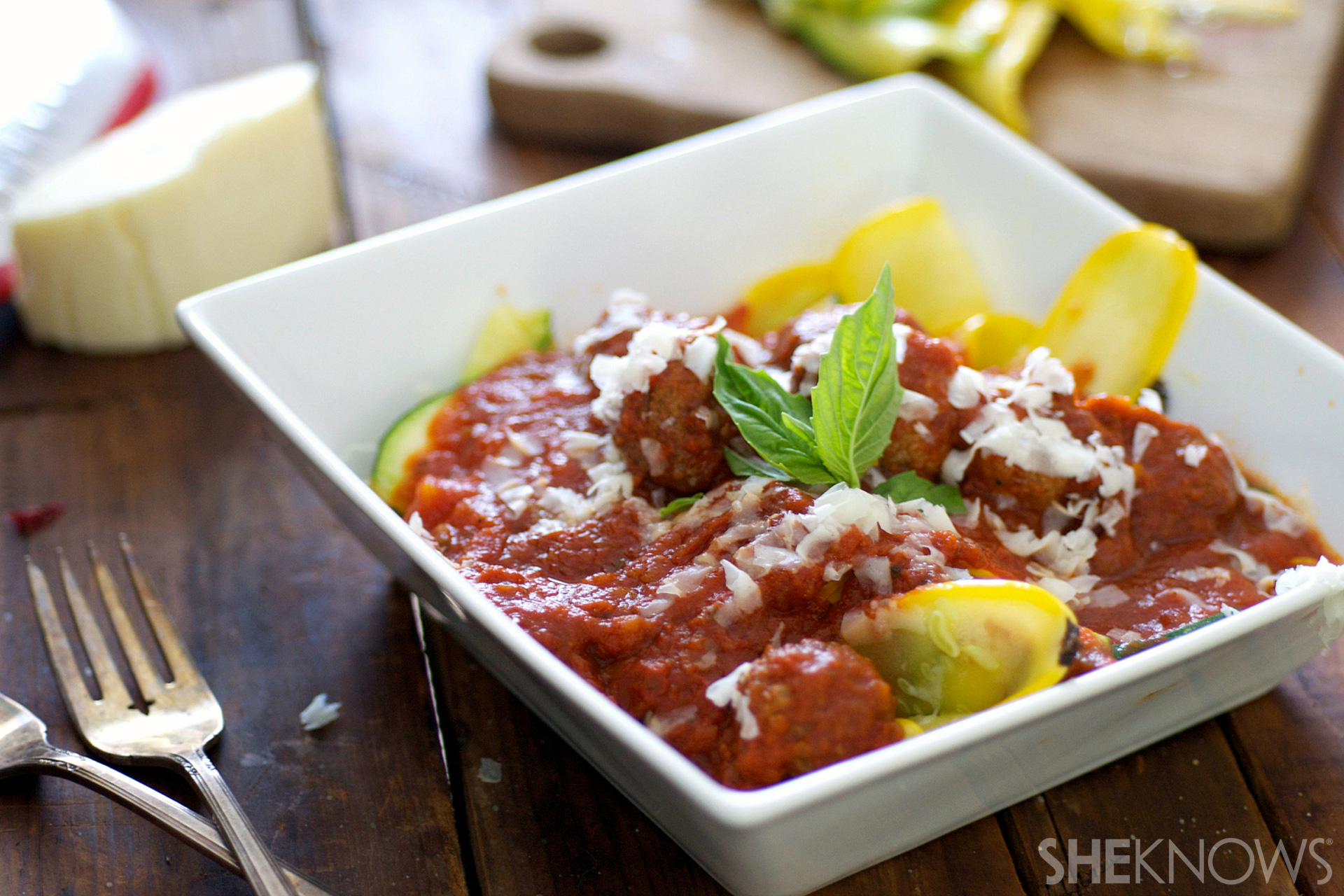 Bison meatballs with zucchini and squash ribbons