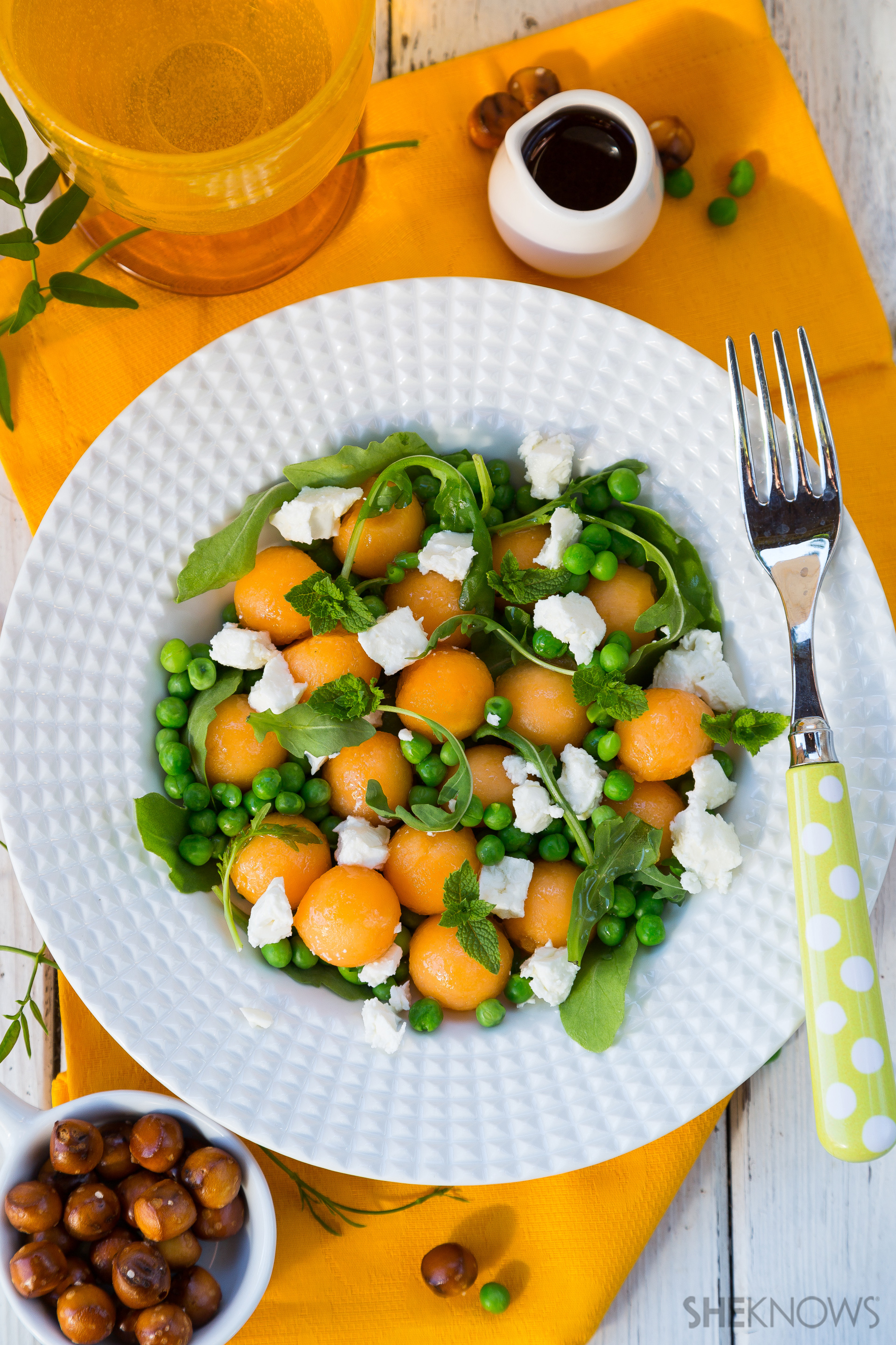 Peas, melon and feta salad with elderflower vinaigrette recipe