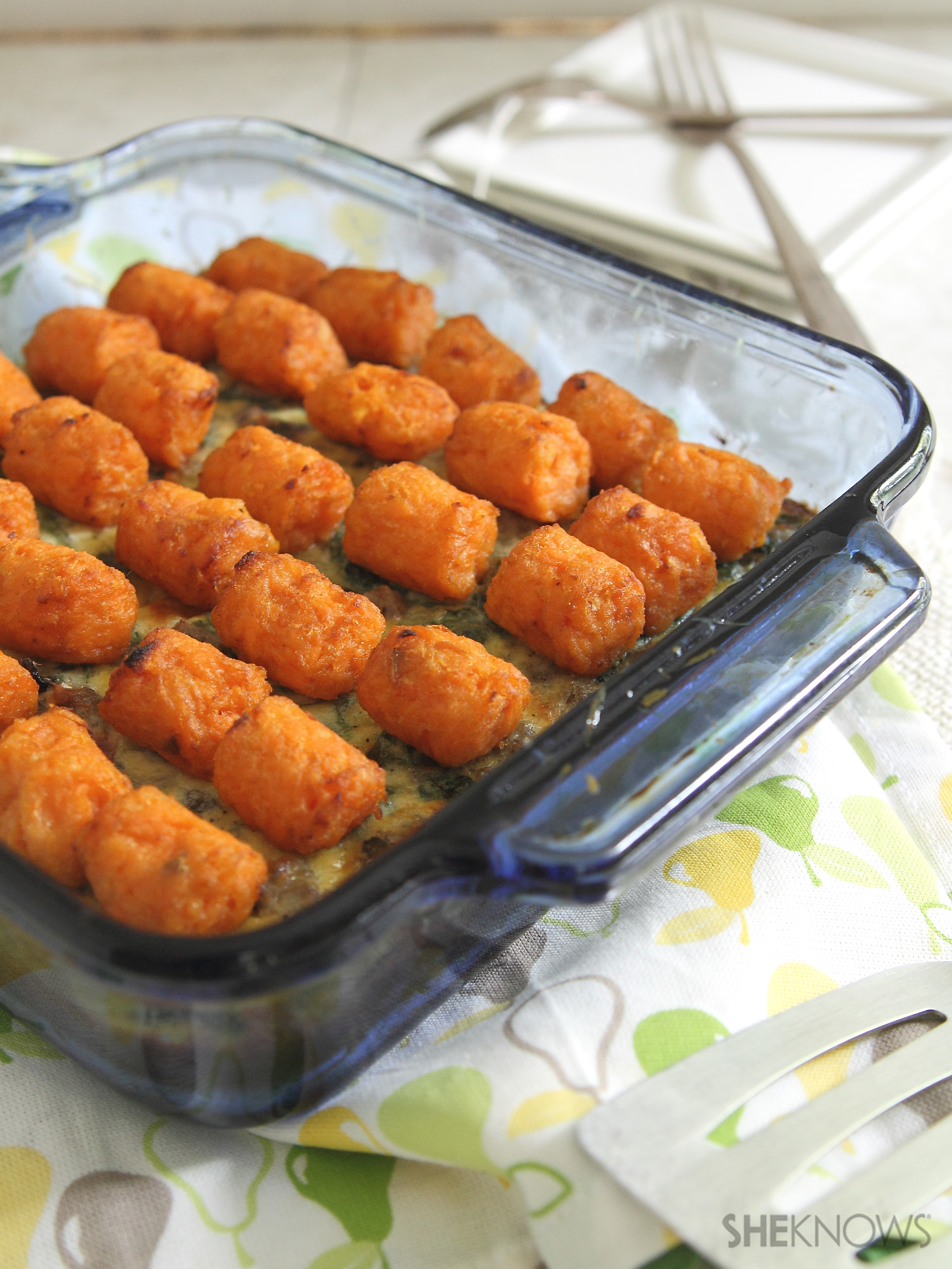 Tater tottopped spinach, sausage and egg casserole