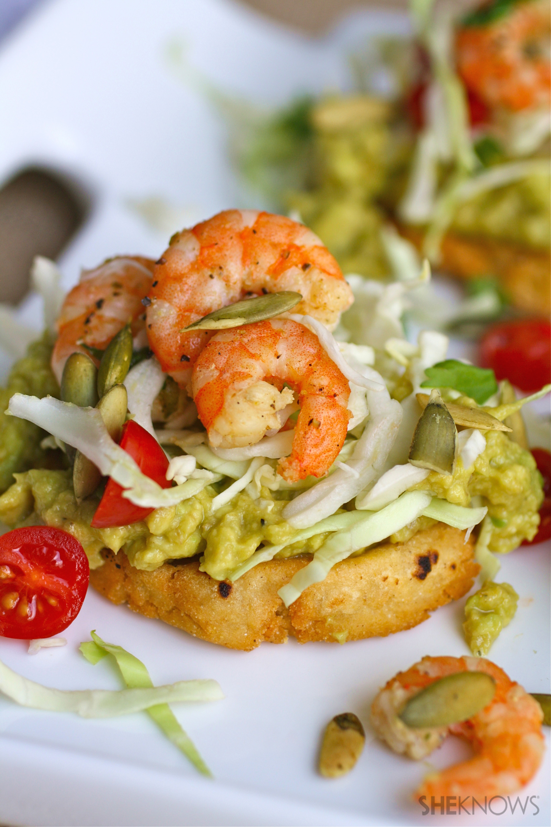 Cilantro-lime shrimp and guacamole sopes