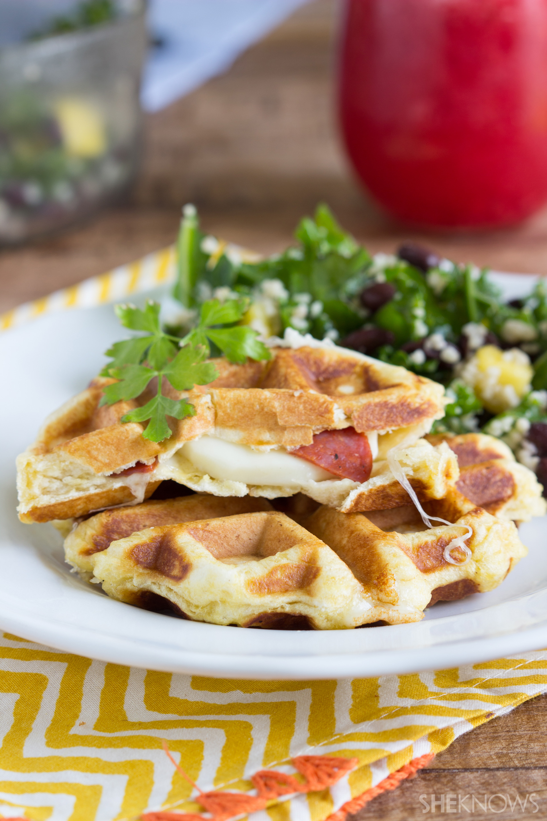 Cheesy pepperoni pizza waffles