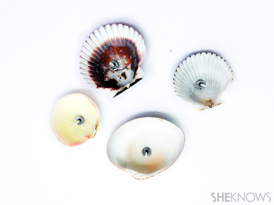 DIY seashell candles: Step 2: Set up wicks in seashells