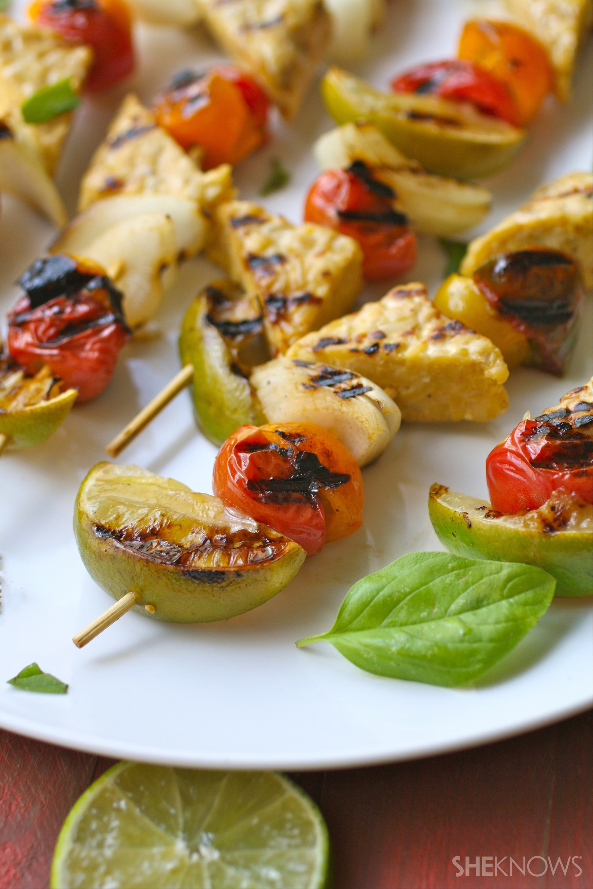 Basil-lime grilled tempeh and tomato skewers