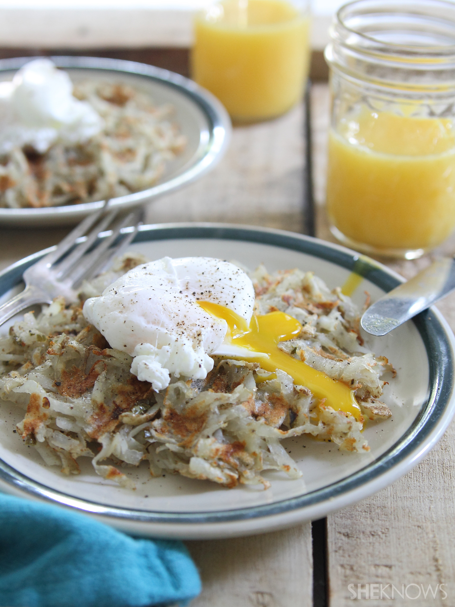 Waffle iron hashbrowns with poached eggs