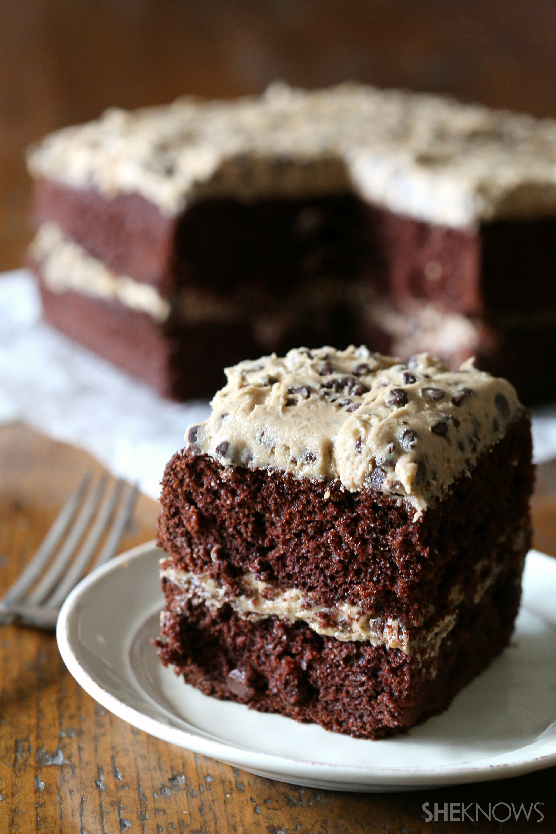 Cookie dough frosted chocolate cake is twice the dessert fun