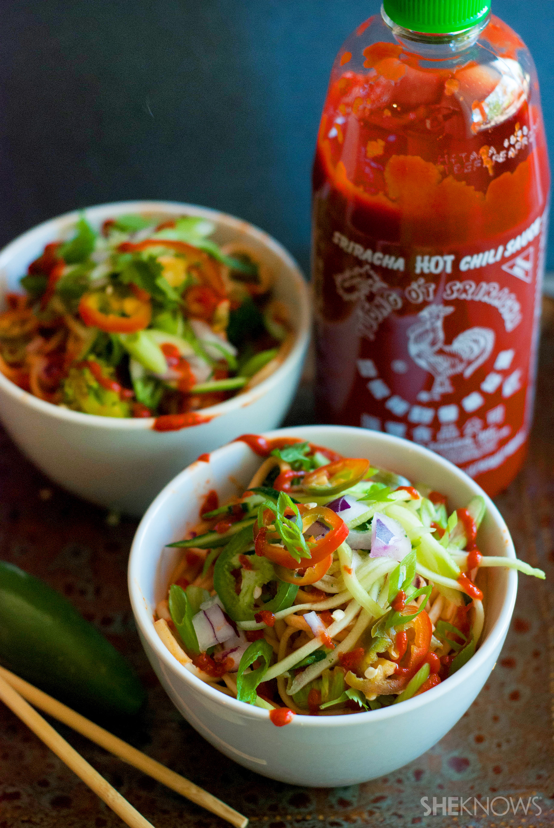 Udon noodle bowls get a spicy twist with Sriracha and jalapeños