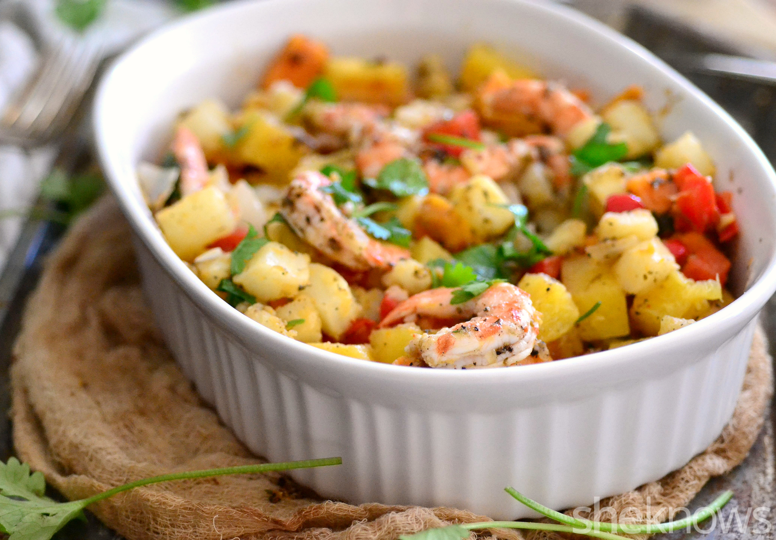 Jamaican jerk shrimp and pineapple hash is an easy breakfast