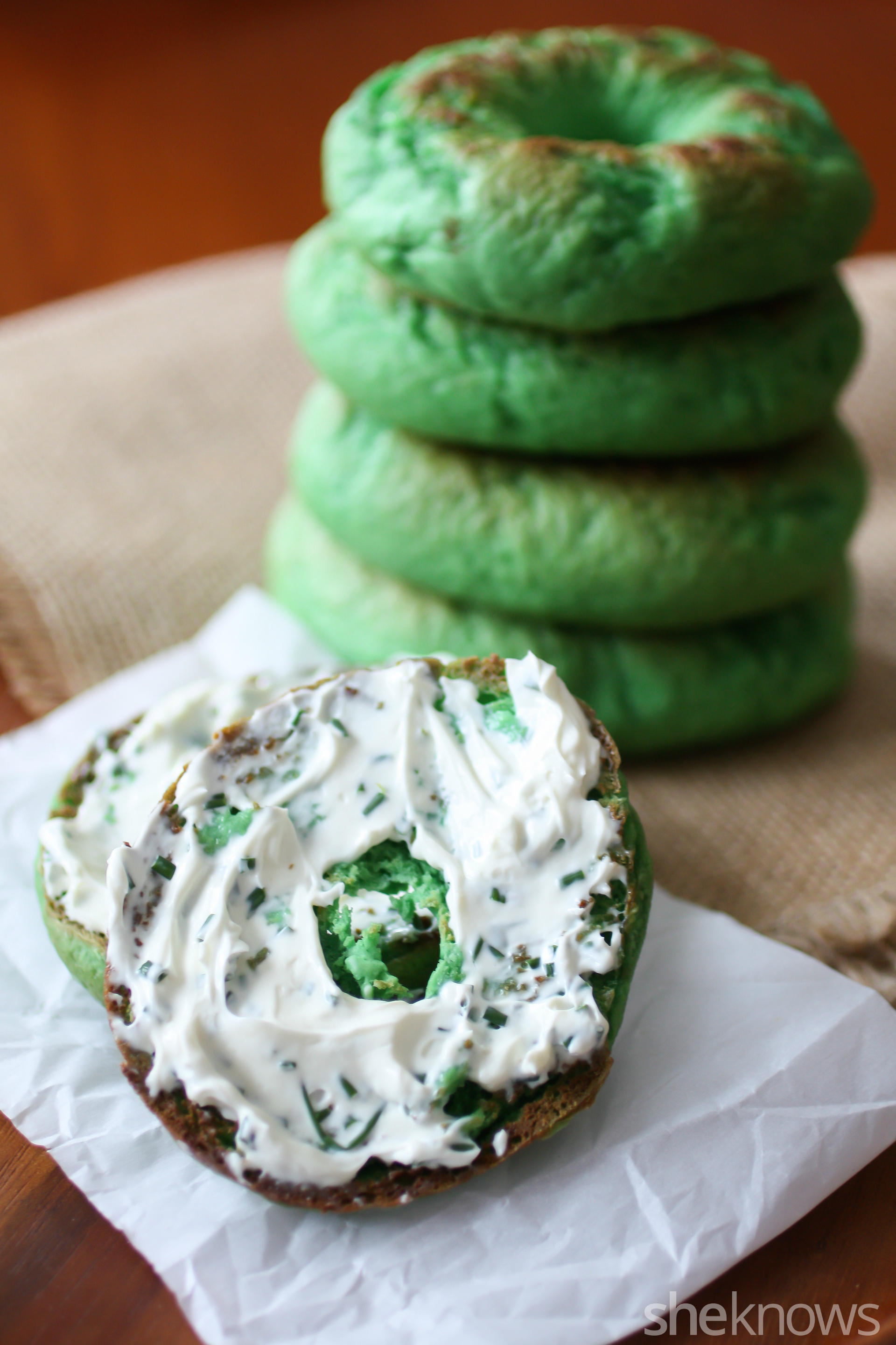 Homemade green bagels with chive cream cheese