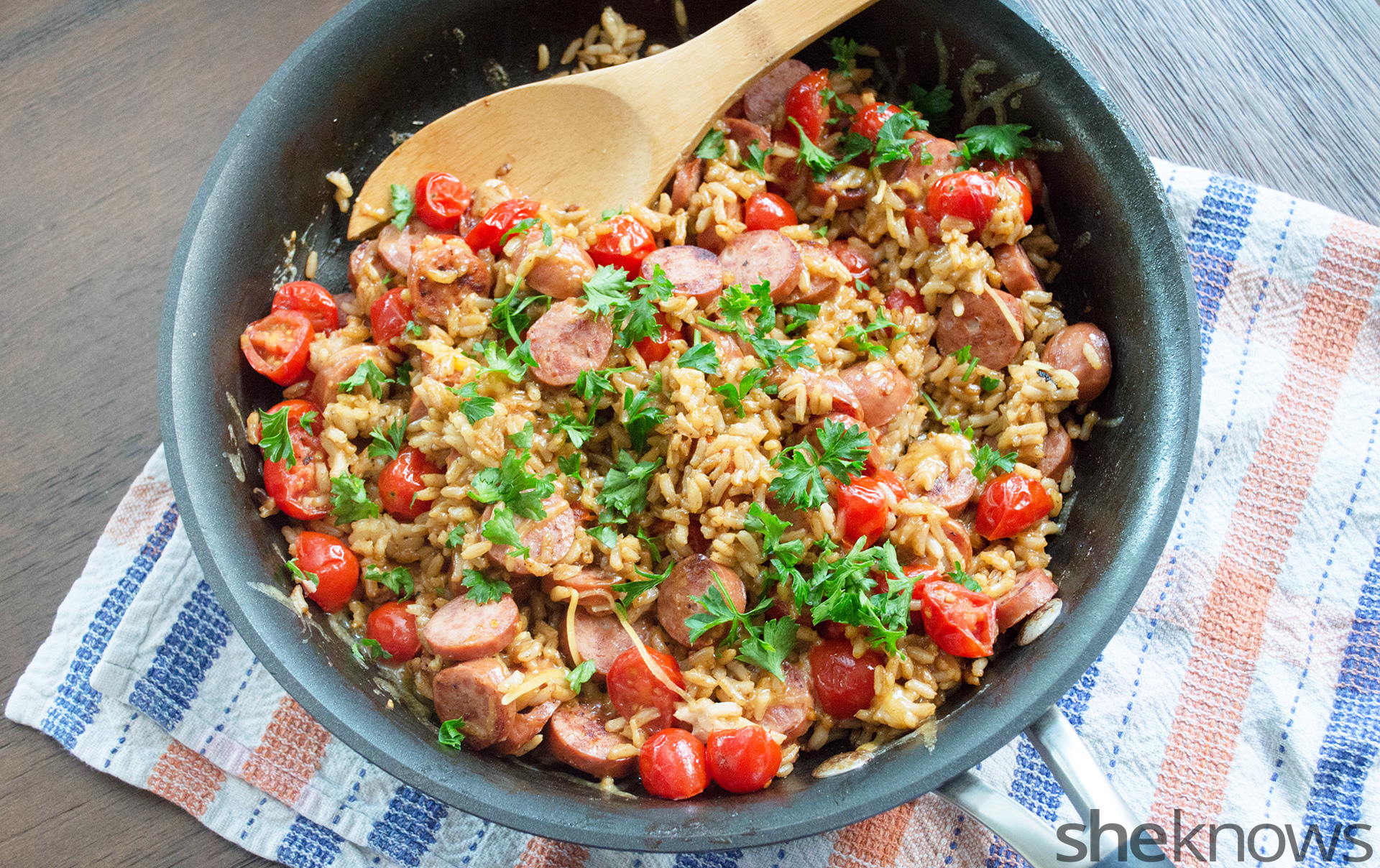 OnePot Wonder Cheesy sausage and rice skillet for a quick dinner fix
